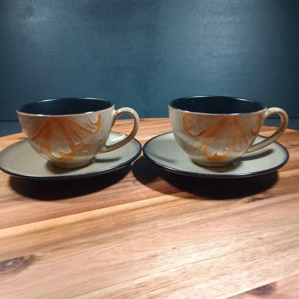 Pier 1 Kioko Stoneware Coffee Tea Mug Cup‎ & Saucer 2 Sets Speckled Hand Painted